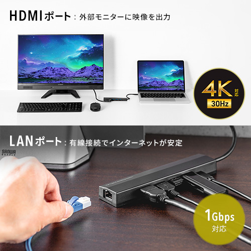 ドッキングステーション（タイプCハブ・ノートPC・ケーブル長め・LAN・HDMI・switch・おすすめ）EEX-HBC01BK ビルドアップストア