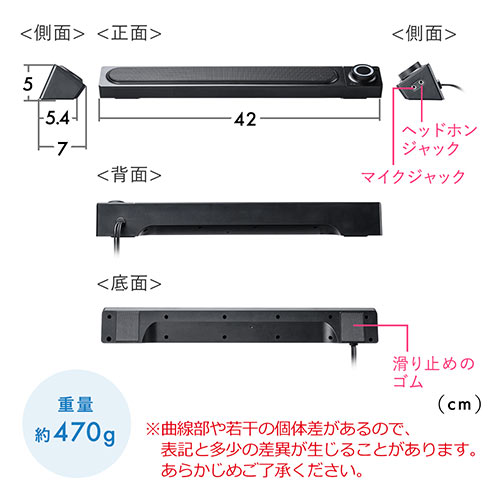 PCスピーカー サウンドバー（バースピーカー・ステレオミニプラグ・ステレオ端子・3.5mm接続・アナログ接続・テレビ・イヤホンジャック・ヘッドホン・マイク・有線・USB給電）