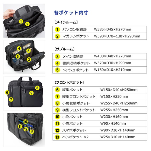 3WAYビジネスバッグ(通勤・出張・就活対応・耐水・16.4型・大容量）