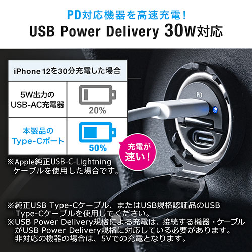 カーチャージャー Type-C×2ポート（車載充電器 USB PD30W対応 5V/2.4A 急速充電 シガーソケット 12V/24V対応 コンパクト）