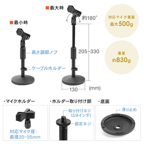 卓上マイクスタンド（高さ調整タイプ・高さ20.5～33cm・クリップ式マイクホルダー・選挙グッズ）