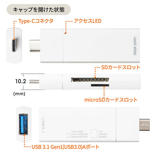 USB Type-Cカードリーダー(SD・microSD・USBハブ・スライドキャップ）