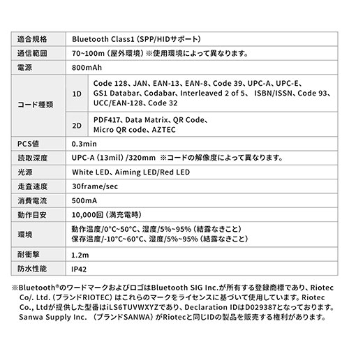 バーコードリーダー（qrコードリーダー・バーコードスキャナー・無線・Bluetooth・USB接続・USB充電・IP42対応・耐衝撃・2次元・１次元・おすすめ・ブラック） BCR004