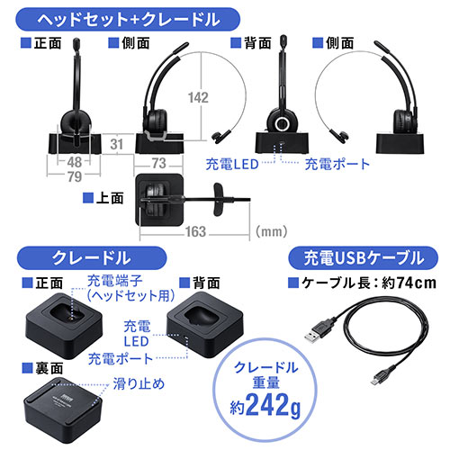 コールセンター向けBluetoothヘッドセット（モノラル/片耳・充電台付・スタンド付属）