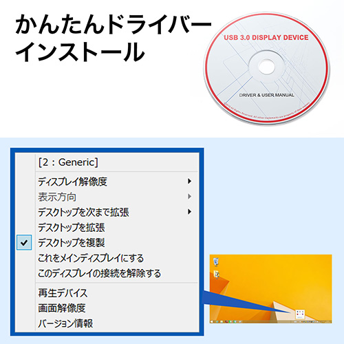 USB-HDMI変換アダプタ（USB3.0ハブ付・ディスプレイ増設・デュアルモニタ・ディスプレイアダプタ）