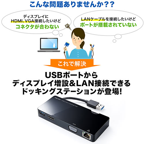 ドッキングステーション（USBハブ・USB3.0・ディスプレイ接続・HDMI/VGA・ギガビット対応・LAN・Windows専用） HUB031 サンワサプライ