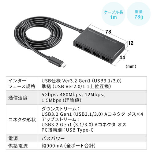 USBハブ（4ポート・Type-C・ケーブル長1m・バスパワー・薄型・軽量・コンパクト・高速データ転送・5Gbps）