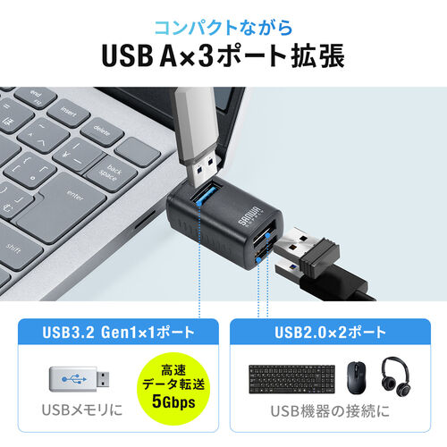 USBハブ（コンパクト・小型・Type-C・3ポート・USB3.0/USB2.0コンボハブ・黒色・軽量）