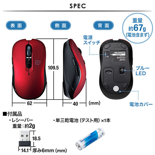 ワイヤレスマウス(無線・2.4G・ブルーLED・5ボタン・DPI切替・ラバー塗装・左右対称・電池式・中型・名入れ対応・レッド)