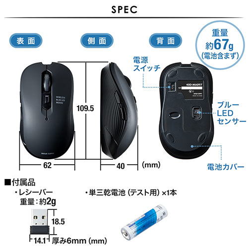 ワイヤレスマウス(無線・ブルーLED・5ボタン・DPI切替・ラバー塗装・左右対称・電池式・中型・多ボタンマウス・左利き・コスパ最強・ブラック)