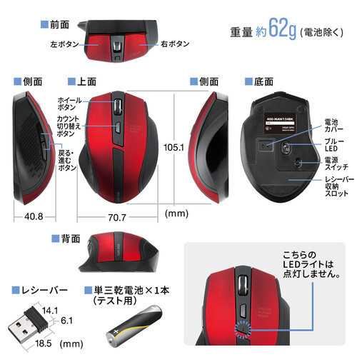 ワイヤレスマウス(無線・2.4G・静音・ブルーLED・5ボタン・DPI切替・電池式・中型・ブラック) EZ4-MAW154BK サンワサプライ