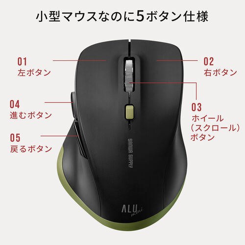 ワイヤレスマウス（USB A・無線・小型・5ボタン・戻る進む・アルミホイール・静音・ALUmini・ブラック）