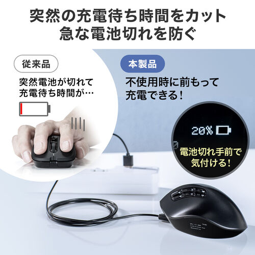 ワイヤレスマウス(Bluetooth・充電式・おすすめ・おしゃれ・人気・液晶画面付き・9ボタン・ボタン割り当て機能・エルゴノミクス・充電式・ブラック) MAWBT171