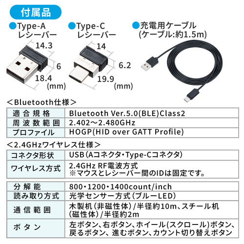 ワイヤレスマウス(Bluetooth・充電式・おすすめ・おしゃれ・人気・マルチペアリング・最大4台・静音ボタン・5ボタン・ブラック）MAWBT175