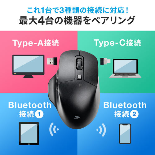 ワイヤレスマウス(Bluetooth・充電式・おすすめ・おしゃれ・人気・マルチペアリング・最大4台・静音ボタン・5ボタン・ブラック）MAWBT175