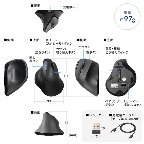 ワイヤレスマウス(Bluetooth・充電式・おすすめ・おしゃれ・人気・静音・エルゴノミクスマウス・5ボタン・充電式・ブラック）MAWBT189BK