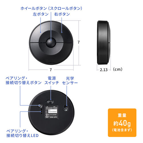 UFOマウス（円盤型・Bluetoothマウス・ワイヤレスマウスUSB Aレシーバー・薄型・持ち運び・出張・コンパクト・小型・乾電池式・メディア掲載・人気・おすすめ） MAWBT198BK