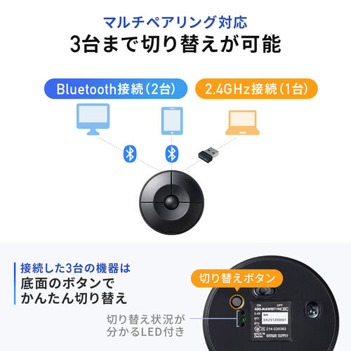 UFOマウス（円盤型・Bluetoothマウス・ワイヤレスマウスUSB Aレシーバー・薄型・持ち運び・出張・コンパクト・小型・乾電池式・メディア掲載・人気・おすすめ） MAWBT198BK