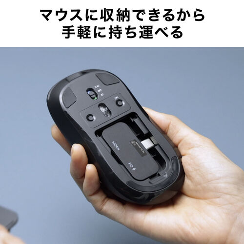 USBハブマウス（USB-C HDMI変換アダプタ・ワイヤレス 2.4G & Bluetooth・充電式・4K/60Hz・PD充電・会議・出張・プレゼン・ブラック×ブルー）