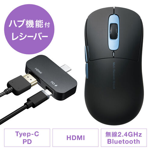 USBハブマウス（USB-C HDMI変換アダプタ・ワイヤレス 2.4G & Bluetooth・充電式・4K/60Hz・PD充電・会議・出張・プレゼン・ブラック×ブルー）