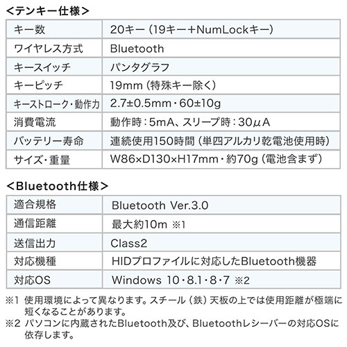 テンキー（Bluetooth・無線・静音・モバイル・持ち運び・薄型・小型・パンタグラフ・アイソレーション・電池式・Windows専用）