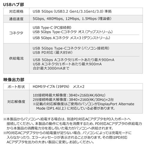 ドッキングステーション（タイプCハブ・HDMI・4K・2画面出力・USB Type-C接続・USB PD100W対応・10in1・ノートPCスタンド・ケーブル一体型） VGA017N