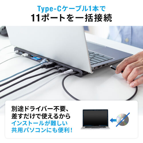 ドッキングステーション（HDMI・3画面出力・スタンド・コンパクト・タイプCハブ・DisplayPort・PD100W・有線LAN対応・USBハブ） VGA021 サンワサプライ