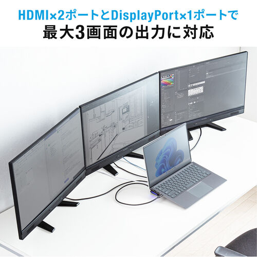 ドッキングステーション（HDMI・3画面出力・スタンド・コンパクト・タイプCハブ・DisplayPort・PD100W・有線LAN対応・USBハブ） VGA021 サンワサプライ