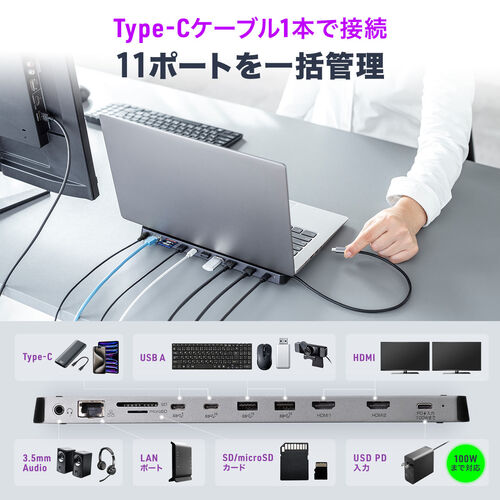 ドッキングステーション（タイプCハブ・HDMI・4K・2画面出力対応・USB-C接続・USB PD100W対応・11in1・Win/Mac対応・ケーブル一体型・コンパクト） VGA024