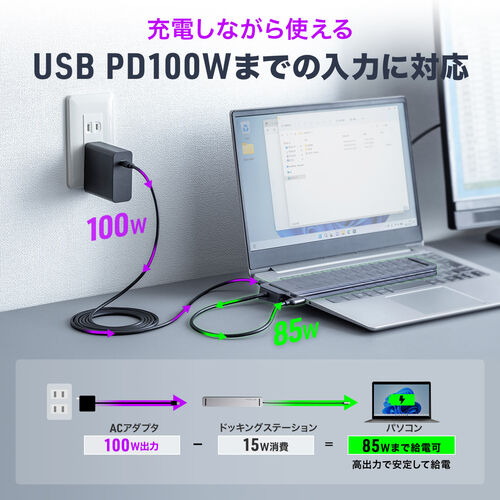 ドッキングステーション（タイプCハブ・HDMI・4K・2画面出力対応・USB-C接続・USB PD100W対応・11in1・Win/Mac対応・ケーブル一体型・コンパクト） VGA024