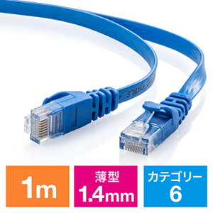 Cat6 フラットLANケーブル 1m （カテゴリー6・より線・ストレート・ブルー）