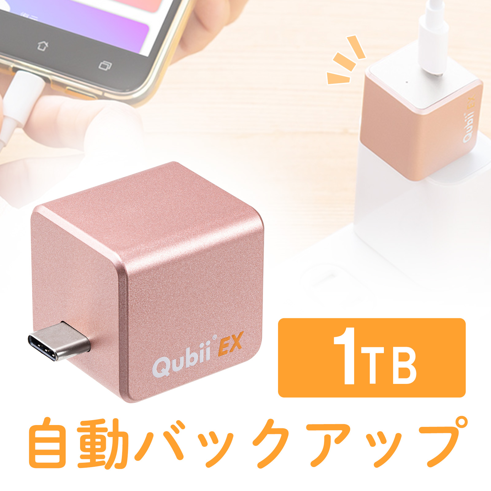 Qubii （EX・タイプC・1TB・メモリ内蔵・PD60W・高速充電 ・iOS・Android・自動バックアップ・パソコン不要・iPad・iPhone15・ローズゴールド） IPLBC1TP