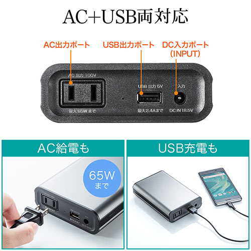 モバイルバッテリー（AC出力対応・大容量・65W・ノートパソコン・USB充電・41.27Wh・飛行機・持ち込み・機内・ポータブル電源・PSE・旅行・防災・出張） BTL025N