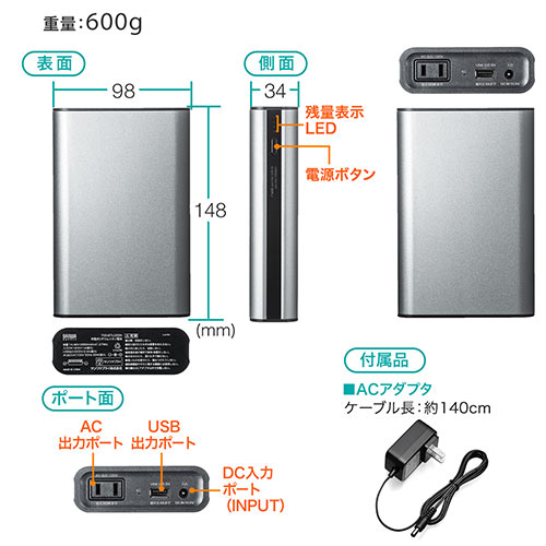 モバイルバッテリー（AC出力対応・大容量・65W・ノートパソコン・USB充電・41.27Wh・飛行機・持ち込み・機内・ポータブル電源・PSE・旅行・防災・出張） BTL025N