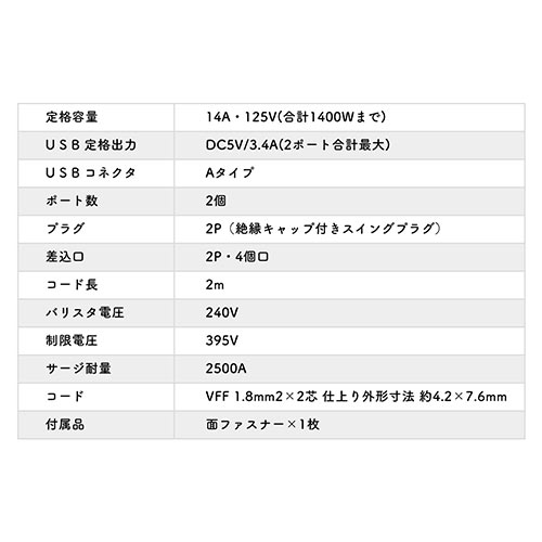 電源タップ（USB充電対応・iPhone/スマートフォン充電・雷ガード・木目調・2m・ダークブラウン・個別スイッチつき）