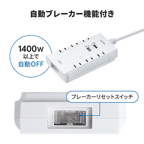 電源タップ（2m・回転式差込口・6個口・USB2ポート付・集中スイッチ付・ホワイト・コンパクト・スイングプラグ）