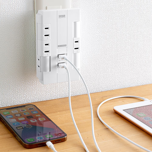 電源タップ（壁付けタイプ・回転式差込口・2P・6個口・USB2ポート付・集中スイッチ付・コンセントタップ・ホワイト）