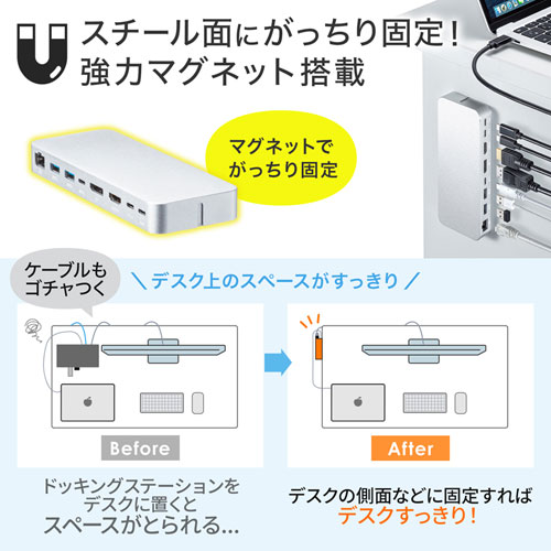 ドッキングステーション（タイプCハブ・USBハブ・Type-C・マグネット・２画面出力・HDMI・DisplayPort・LA・PD） USB-CVDK9 サンワサプライ