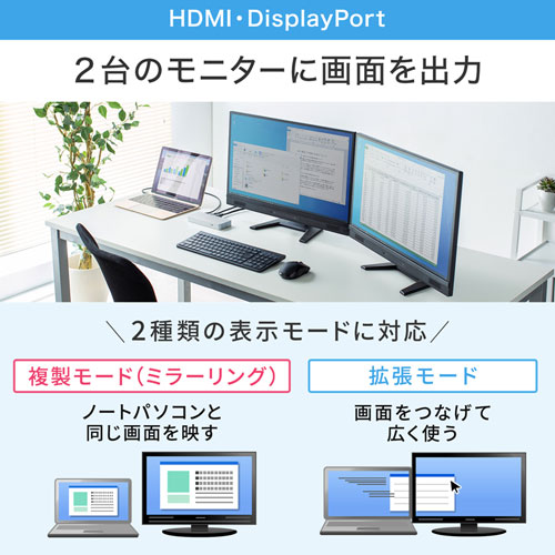 ドッキングステーション（タイプCハブ・USBハブ・Type-C・マグネット・２画面出力・HDMI・DisplayPort・LA・PD） USB-CVDK9 サンワサプライ